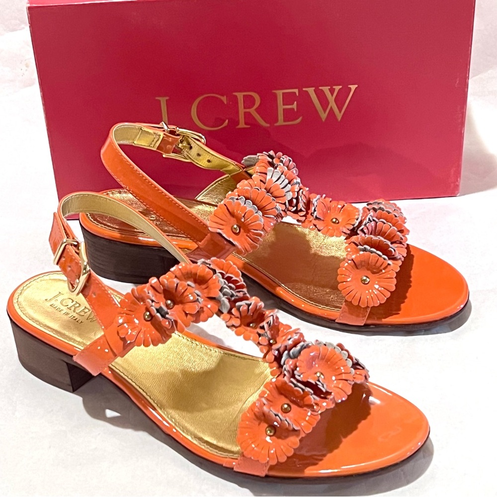 J. Crew Aurora Patent T-strap Sandals Size 10 Sweet Papaya (Orange)